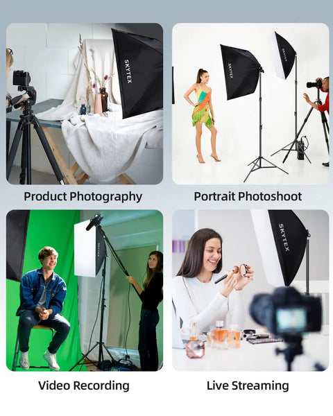 Two Pack Softbox Lighting Kit 20x28 Inch With 135W 5500K CFL Bulbs in use for various photo and video settings