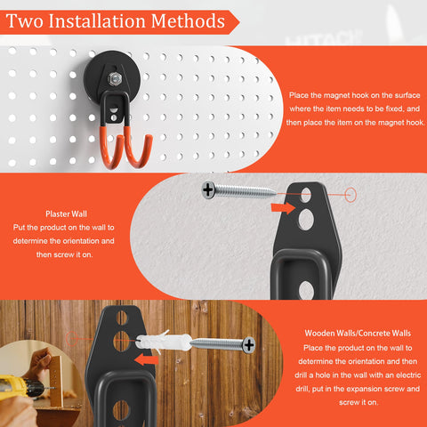 Installation methods for Heavy Duty Magnetic Garage Hooks 4 Pack With Grip Firm Neodymium Magnets on various wall types.