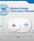 Top Shelf Carbon Monoxide Detector With Ten Year Battery Backup And Loud Eighty Five Decibel Alert For Worry Free Home Safety Monitoring And Quick Low Level Hazard Scan Shield front view with dimensions and features.