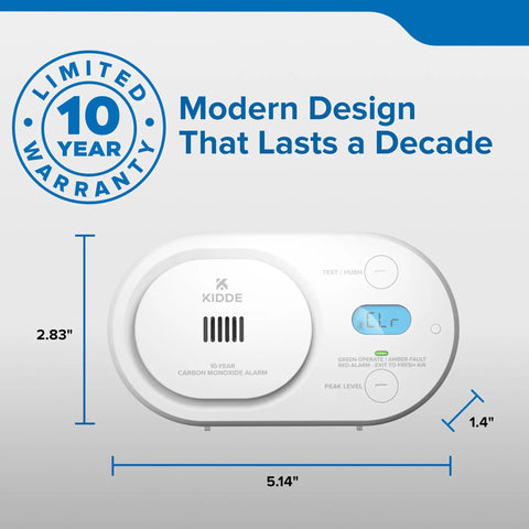 Top Shelf Carbon Monoxide Detector With Ten Year Battery Backup And Loud Eighty Five Decibel Alert For Worry Free Home Safety Monitoring And Quick Low Level Hazard Scan Shield front view with dimensions and features.