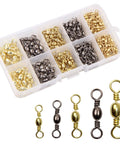 Barrel Swivels Fishing Set 200 Pcs Rolling Ball Bearing Swivels With Solid Ring Tackle Connector Copper Stainless Steel Black Nickel Gold Finish Sizes 2 4 6 8 10 For Lures Rigs in storage box