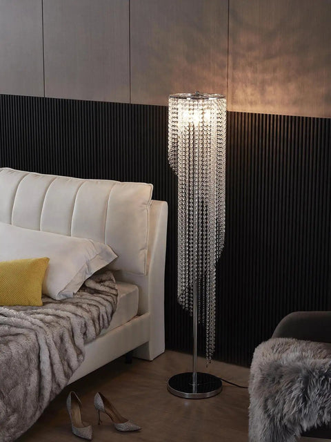 Silver Crystal Floor Lamp In S Shape With Chrome Finish, Romantic Modern Chic Vibe Lighting, Tall 59 Inches beside bed