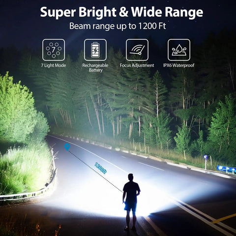 Person using 2 Pack LED Rechargeable Flashlights With 90,000 Lumens Of Beast Brightness illuminating road up to 1200ft at night.