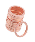 Twenty Piece Copper M14 X 18mm Flat Sealing Washers for Cars and Trucks Hella Secure Fit stacked in a pile.