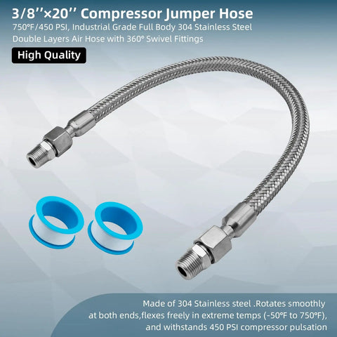 Built Tough 3/8 NPT Male Stainless Steel Compressor Jumper Hose, 20 Ft Long, 450 PSI, SUS304 with Swivel Connectors