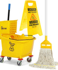 Legit Heavy Duty 35 Quart Mop Bucket With Side Press Wringer Rolling Cart For Commercial Cleanup Crews That Demand Quick Results Includes Yellow Poly Bin And Caution Sign with mop and signage