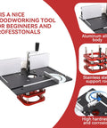 Heavy Duty Router Lift With Reinforced Top Plate Aluminum Alloy And Steel Manual Raise System Slick Height Adjustments For Table Insert Woodshop Builds Black top view of router lift with aluminum body and stainless steel support