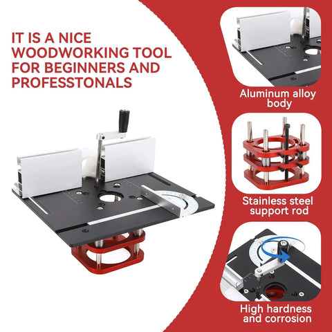 Heavy Duty Router Lift With Reinforced Top Plate Aluminum Alloy And Steel Manual Raise System Slick Height Adjustments For Table Insert Woodshop Builds Black top view of router lift with aluminum body and stainless steel support