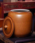 Hella Durable Ceramic Cereal And Rice Dispenser With Seamless Airtight Lid, large brown ceramic jar with lid.