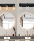 Two Light Black Industrial Vanity Light Sconces With Clear Glass Shades for Bathroom Bedroom Living Room Vintage Farmhouse Wall Lighting shown on and off with round mirrors