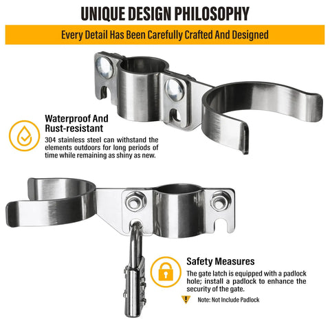 Built Tough Stainless Steel Chain Link Gate Latch With Padlock Hole Fork Latch Gate Hardware For Outdoor Use Rustproof Weather Resistant Easy Install 1 Piece, 304 stainless steel