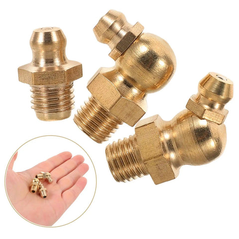 9 Piece Copper Grease Fitting Kit For Cars And Trailers, Pro Grade Nozzles And Oil Caps, Straight And Angled Nipples on palm