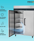 Heavy Duty Two Door Reach In Refrigerator With 49 Cubic Feet Of Cold Storage And Brushed Stainless Finish showing interior shelves.