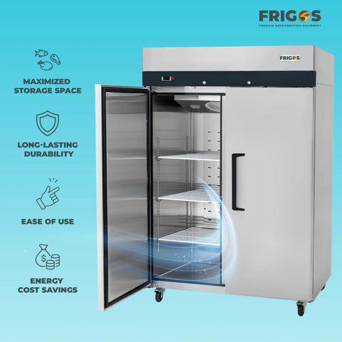 Heavy Duty Two Door Reach In Refrigerator With 49 Cubic Feet Of Cold Storage And Brushed Stainless Finish showing interior shelves.