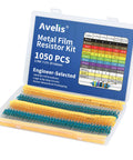 Avelis metal film resistor kit, front view, 1050 pcs, 30 values, 1/4W ±1%, blue body resistors in plastic case