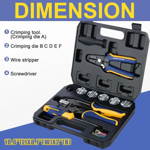 Open case of 8 Piece Ratchet Crimping Tool Set For Heat Shrink Insulated Nylon Non Insulated Ferrule Wire Ends Open Barrel Terminals And Solar Connectors