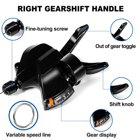 8 Speed MTB Right Shifter Lever With Optical Gear Display featuring gearshift handle, fine-tuning screw, and shift knob details.