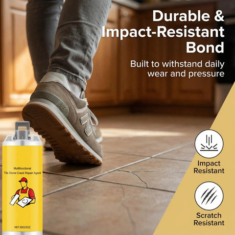 Person stepping on tiled floor showcasing All-In-One Tile Repair Kit For Cracks And Chips, Quick-Drying Glue with Color-Matching Paste.