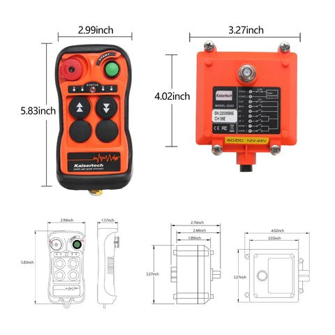 Dual Speed Wireless Crane Hoist Remote Control With 100 Meter Range, Ultra Fast 0.01 Second Response, Heavy Duty Industrial Grade Controller For Cranes, Hoists, Winches And Construction Vehicles, 2 Keys, with receiver dimensions shown
