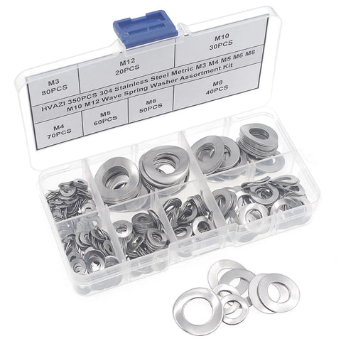 Front view of HVAZI wave washer assortment kit, 350pc stainless steel, in clear plastic case with divided compartments
