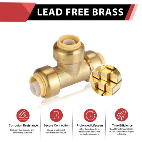 Pack Of Two 1/2 Inch Tee Push Fit Fitting Connects Pex Copper And CPVC With Disconnect Clip Lead Free DZR Brass for Water