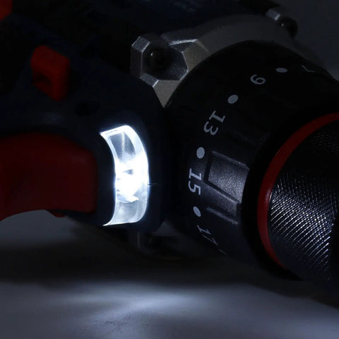 Close-up of Heavy Duty 18V Cordless Brushless Drill Packs A Badass 80Nm Of Power flashlight feature, ideal for dark workspaces.