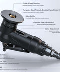 Mulcort pneumatic chamfering tool, black, handheld side view with adjustable dial and exhaust vent, includes 6 C-blades.