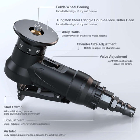 Mulcort pneumatic chamfering tool, black, handheld side view with adjustable dial and exhaust vent, includes 6 C-blades.