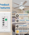 Universal Ceiling Fan Wall Remote Control With 3 Speeds And Light Dimmer displayed with a ceiling fan in a living room setting.