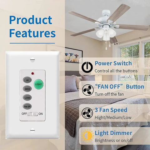 Universal Ceiling Fan Wall Remote Control With 3 Speeds And Light Dimmer displayed with a ceiling fan in a living room setting.