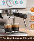 Kickin Up Bold Flavor With A Built In Grinder, 20 Bar Pressure Espresso Coffee Maker, dual shots brewing with 58mm group head.