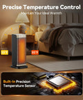 Cozy Up Portable Indoor Space Heater With 1500W PTC Ceramic Fast Heat placed beside a bed, showcasing temperature control features.