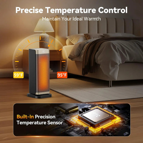 Cozy Up Portable Indoor Space Heater With 1500W PTC Ceramic Fast Heat placed beside a bed, showcasing temperature control features.