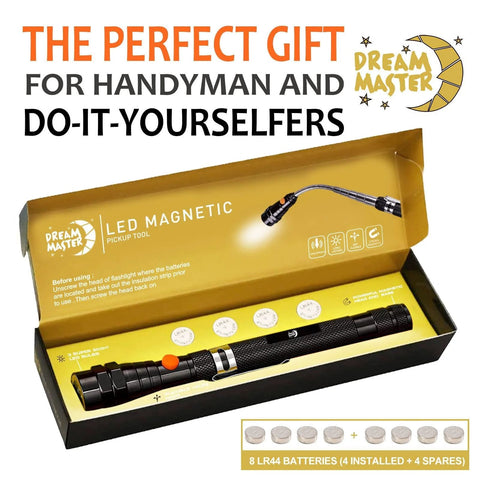Dream Master LED magnetic pickup tool, black telescoping flashlight in box with 8 LR44 batteries included