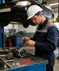 Mechanic with dual head angle grinder wrench, four claw end and hex socket, in auto workshop with car on lift.