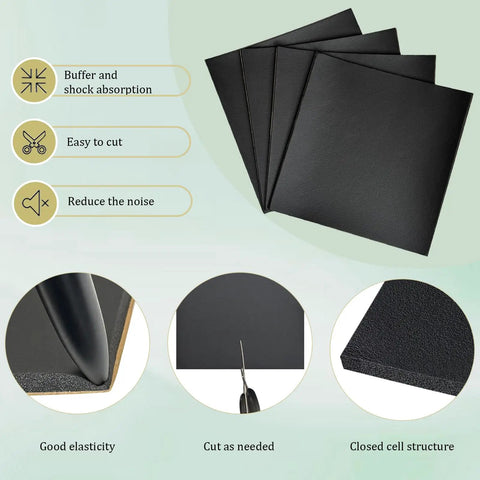 Four Pack Real Heavy Duty Neoprene Foam Self Adhesive Pads 6 By 6 Inches Half Inch Thick Anti Vibration Cushion For Tools Pipes And Everyday Gear Guard in black, showing cut options.