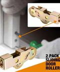 Sliding Door Rollers Replacement Kit For Patio Doors One And A Quarter Inch Tandem Roller Assembly With Five Sixteenth Inch Steel Ball Bearings Durable Construction For Sliding Glass Doors Screen Doors And Gates Two Pack, shown in use and close-up.