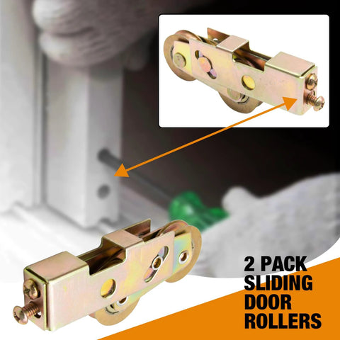 Sliding Door Rollers Replacement Kit For Patio Doors One And A Quarter Inch Tandem Roller Assembly With Five Sixteenth Inch Steel Ball Bearings Durable Construction For Sliding Glass Doors Screen Doors And Gates Two Pack, shown in use and close-up.