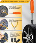 DIY Tire Repair Nails Kit With 80 Rubber Nails In 4 Sizes Screw In Plugs And Handy Tools demonstration guide with orange screwdriver