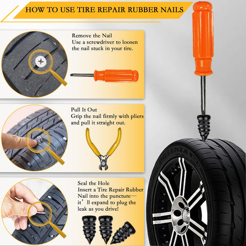 DIY Tire Repair Nails Kit With 80 Rubber Nails In 4 Sizes Screw In Plugs And Handy Tools demonstration guide with orange screwdriver