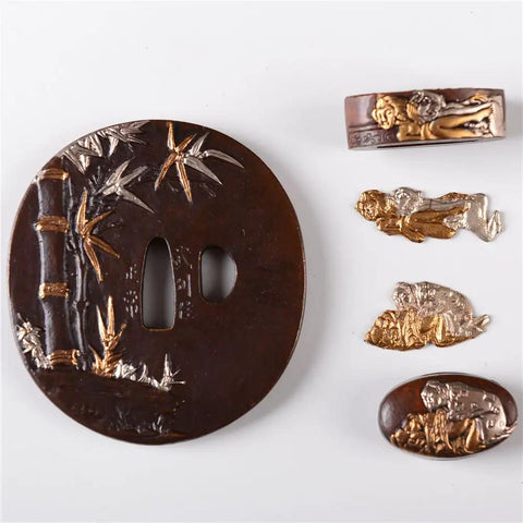 Gold And Silver Plated Brass Tsuba Set With Kashira, Fuchi, And Menuki For Katana Wakizashi And Tanto Handguard Mountings