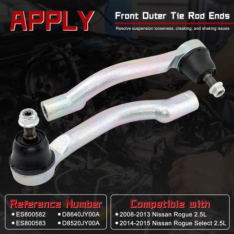 Nissan Rogue Front Outer Tie Rod Ends 2 Pack For 2008 2009 2010 2011 2012 2013 And Rogue Select 2014 2015 L4 2.5L Replacement ES800582 ES800583 Direct Fit For Easy Install And Long Lasting Performance. Front view of two metal tie rod ends with ball joints.