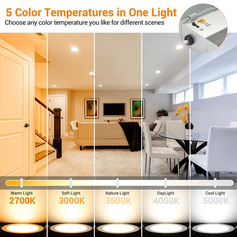 Six-Pack 6-Inch LED Recessed Ceiling Lights Ultra-Thin Canless Downlights with 5CCT Switch in various room settings