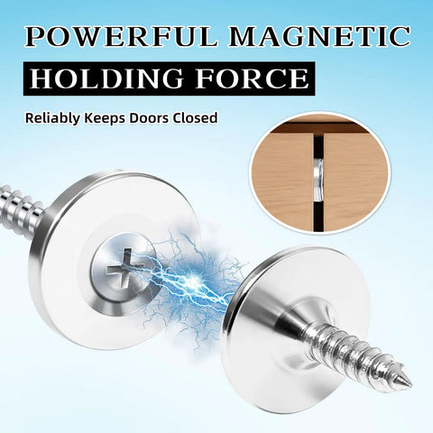 Magnetic Door Catch Set Six Pack Stainless Steel showing holding force with sparks and cabinet illustration