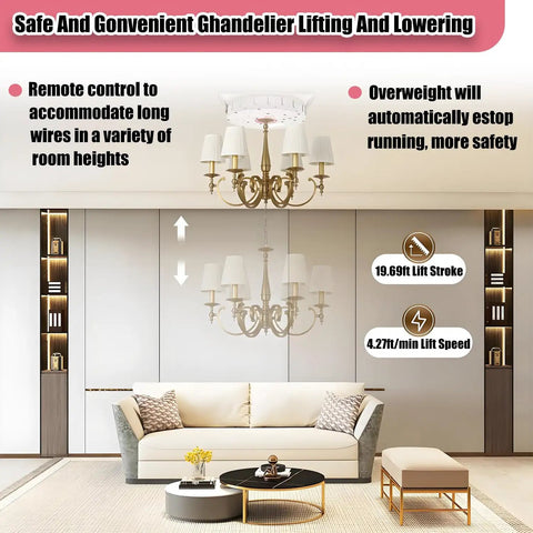 Room with sofa showcasing Heavy Duty Pendant Light Lifter 2-In-1 Chandelier Hoist With Electric Winch Remote Control and Wall Switch.
