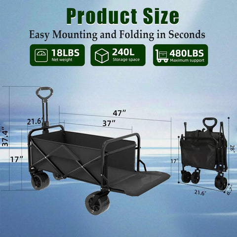 Foldable Wagon Cart With Tailgate And Roof, 240L Large Capacity, 480Lb Load, dimensions and folding display