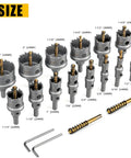 16-Piece Carbide Hole Saw Kit For Metal And Stainless Steel, showing various cutter sizes with titanium pilot drills and wrenches.