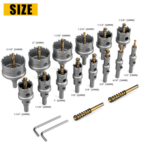 16-Piece Carbide Hole Saw Kit For Metal And Stainless Steel, showing various cutter sizes with titanium pilot drills and wrenches.