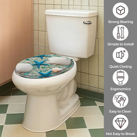 Round Resin Toilet Seat for Bathroom installed on a white toilet, featuring a sea-themed design with starfish and shells.