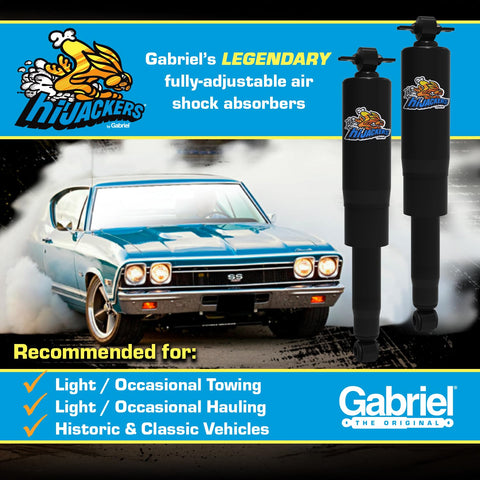 Rear Adjustable Air Shock Absorbers HiJackers with classic car and product details displayed